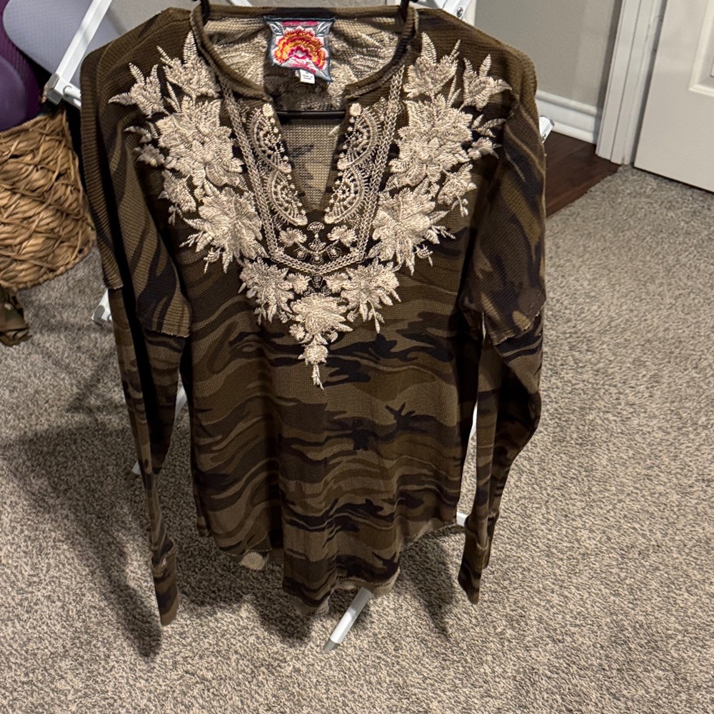 Johnny Was Camouflage Long Sleeve Top with Embroidery